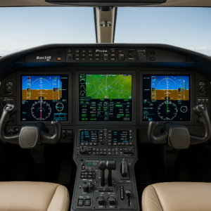 The cockpit of an aircraft featuring a Rockwell Collins Pro Line 21 avionics system with multiple digital displays and control panels.