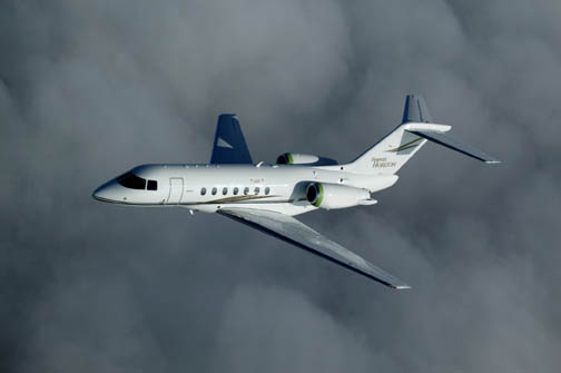 Hawker 4000 business jet in flight above clouds, highlighting sleek design and aircraft specifications.