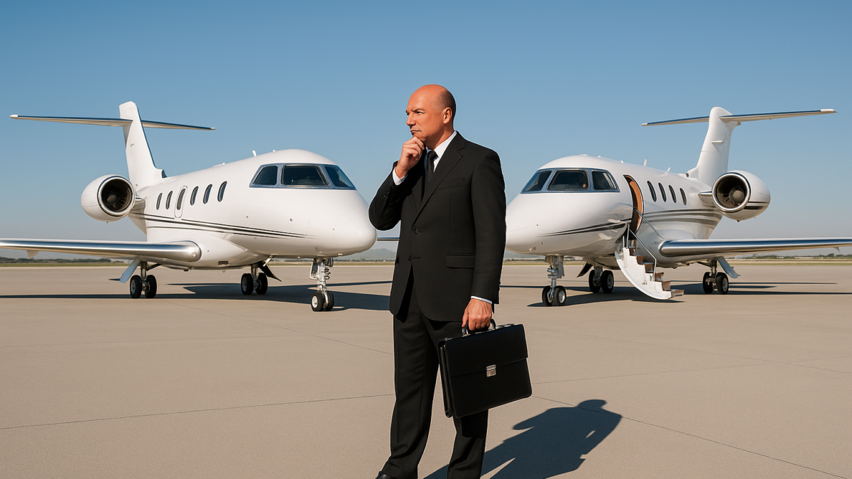 Businessman deciding between two private jets on the tarmac