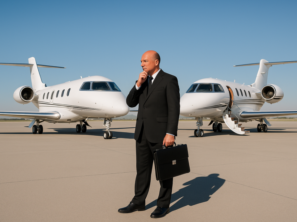 Businessman deciding between two private jets on the tarmac