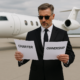 Businessman in suit standing in front of private jet holding papers labeled “CHARTER” and “OWNERSHIP”