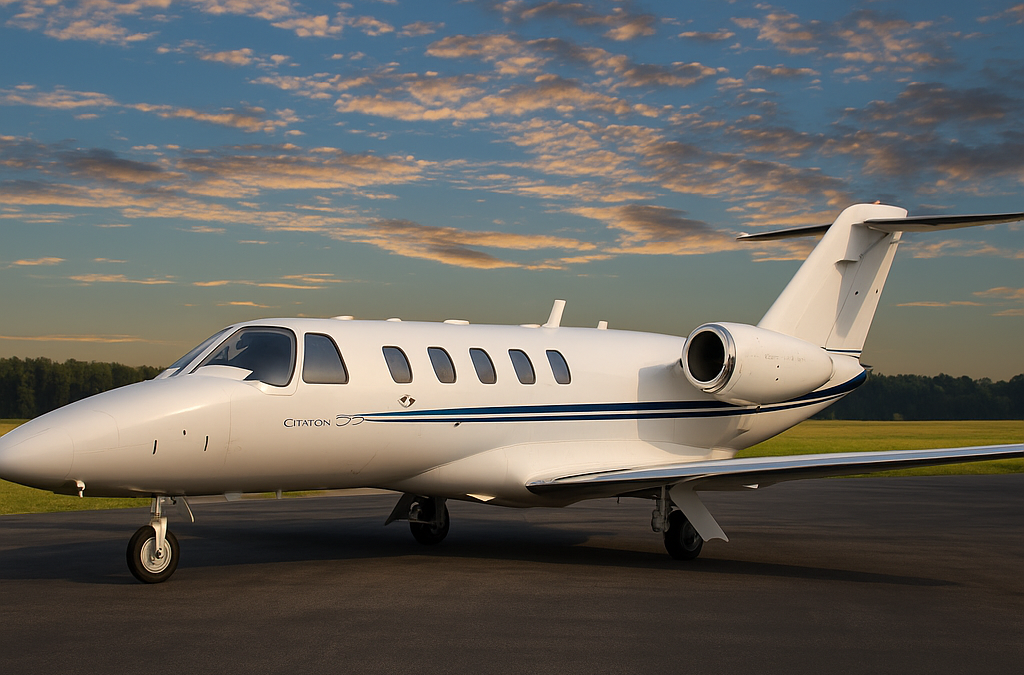 Cessna Citation CJ2+ mid-size private jet flying above mountainous terrain at sunset, viewed from an overhead angle.