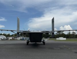 Rear view of Short SD3-60 C-23B+ showing twin tail and cargo ramp