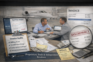 Private jet invoice audit highlighting fuel price analysis, billing discrepancies, and cost overcharges identified through independent review