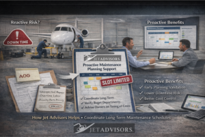 Proactive aircraft maintenance planning showing reduced downtime risk, cost control, and long-term scheduling support for private jets