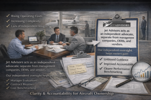 Independent aircraft advisory and manager evaluation providing unbiased guidance, cost benchmarking, and performance oversight for jet owners