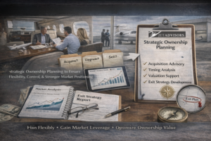 Strategic private jet ownership planning showing acquisition advisory, valuation support, timing analysis, and exit strategy development