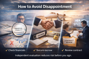 Private jet program due diligence showing contract review, escrow protection, and financial stability evaluation