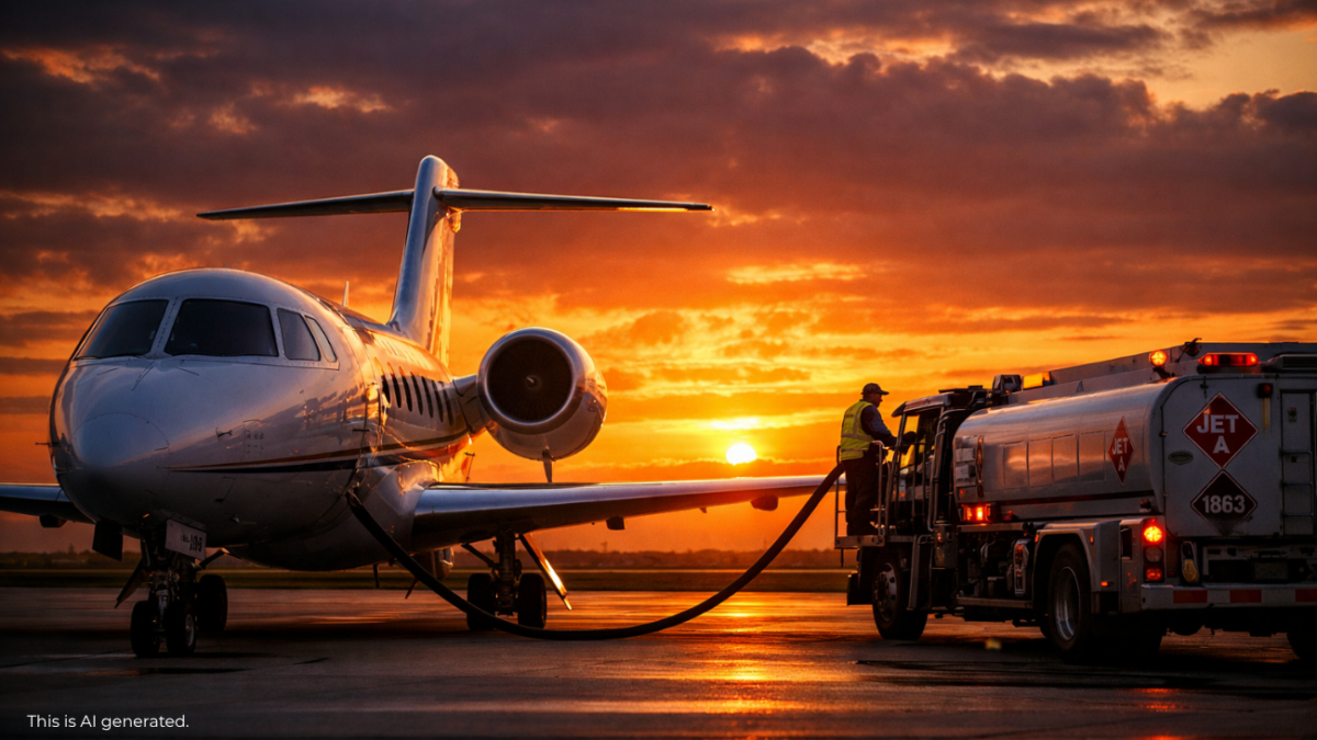 Private jet refueling at sunset highlighting aviation fuel costs and operational expenses