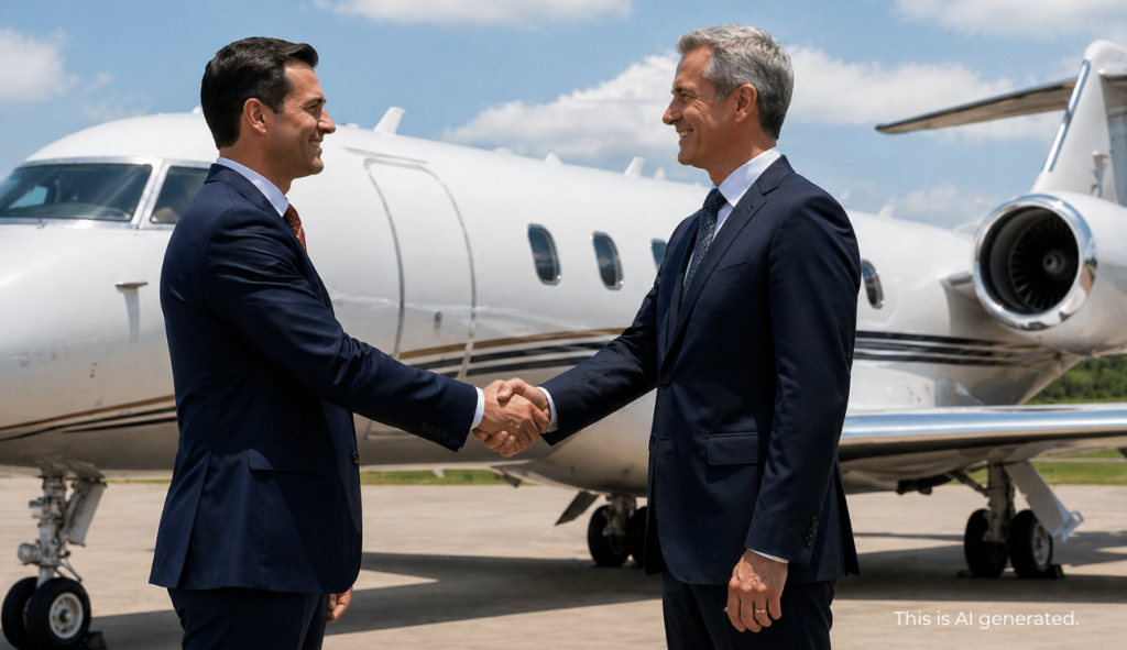 Two business executives shaking hands in front of a private jet on the airport ramp.