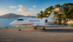 White Falcon 2000 private jet parked on a scenic coastal ramp with ocean and hillside estate in the background.