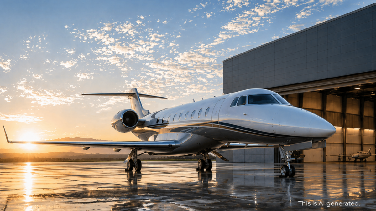 Luxury private jet parked outside a modern hangar at sunrise with reflective tarmac and dramatic sky.