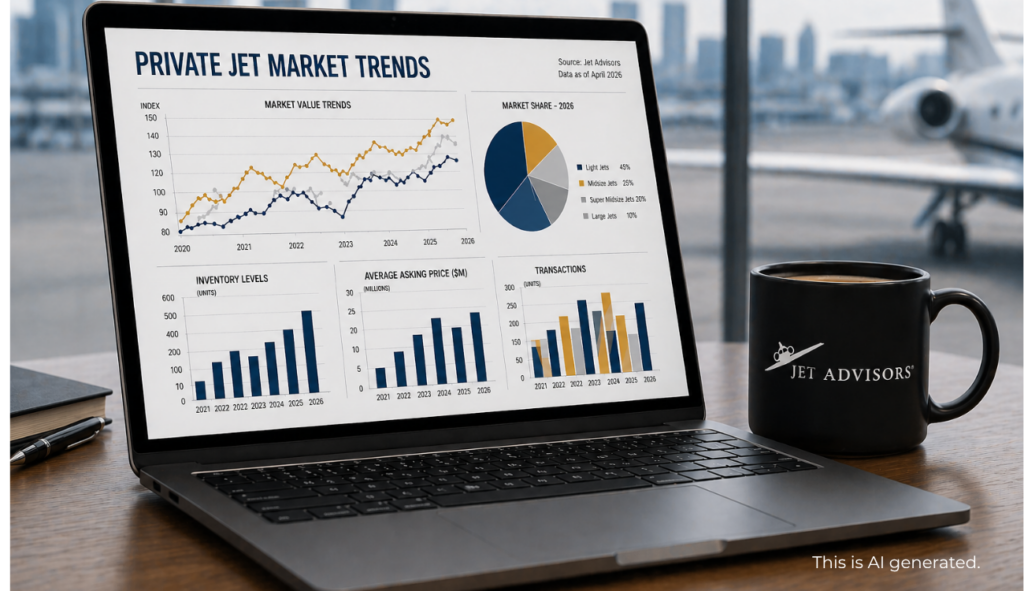 Laptop displaying private jet market trends dashboard beside Jet Advisors coffee mug in an airport office setting. 
