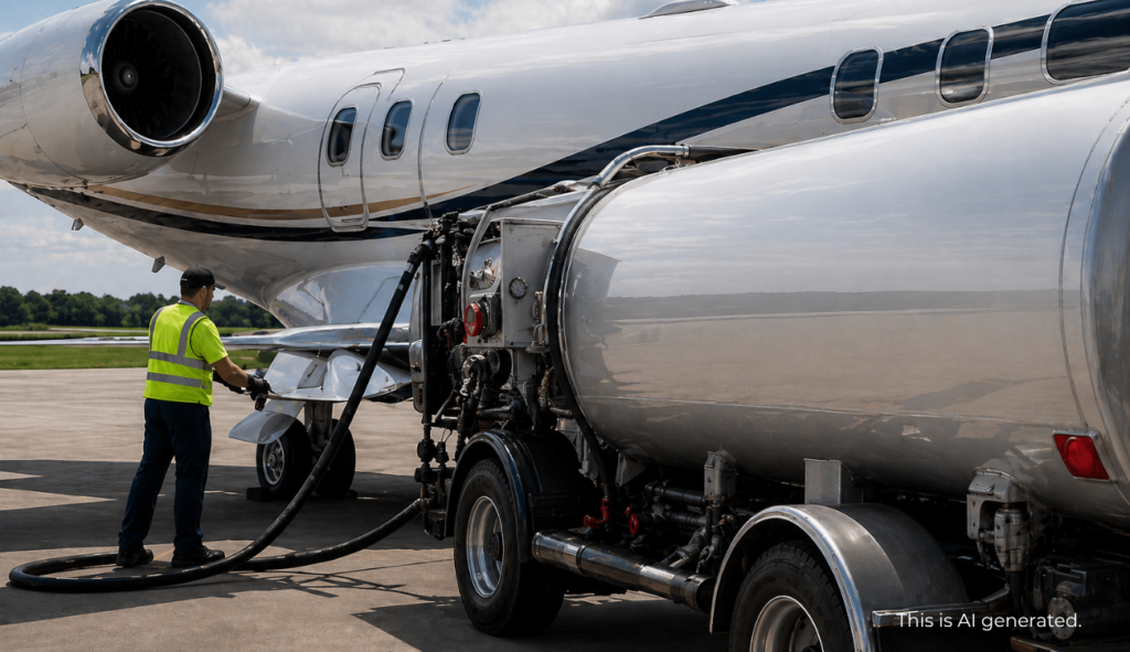 Rising fuel costs are directly impacting aviation operations, from ground handling to overall flight economics. Fuel truck refueling a private jet on the airport ramp during daytime.