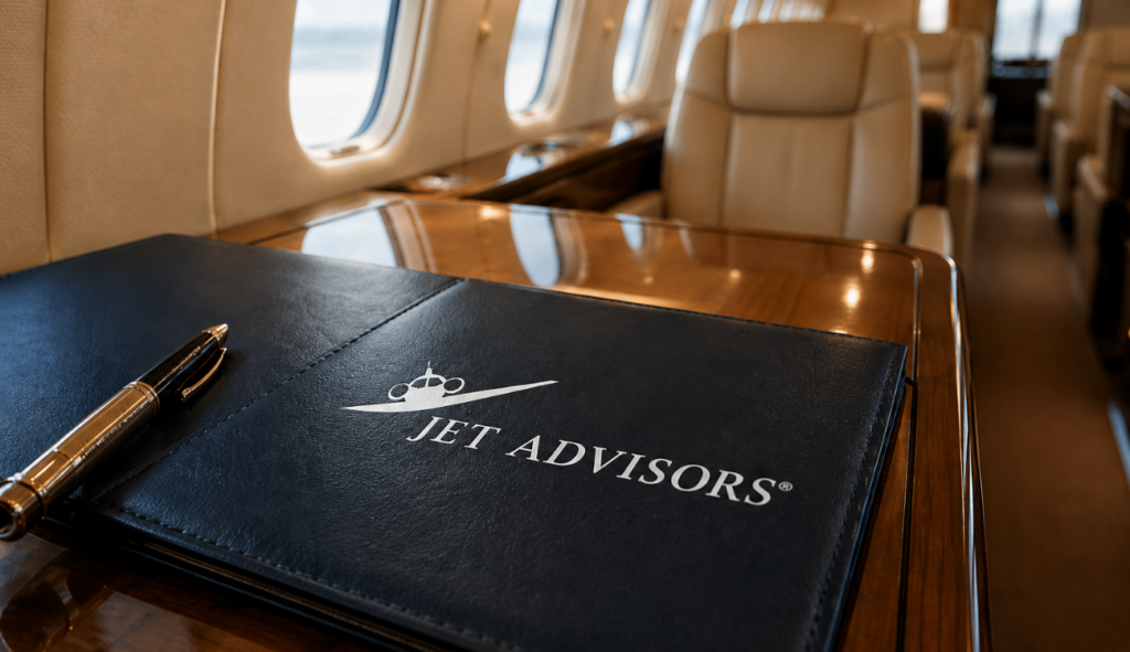 Jet Advisors branded portfolio on a private jet cabin table with luxury seating in background.