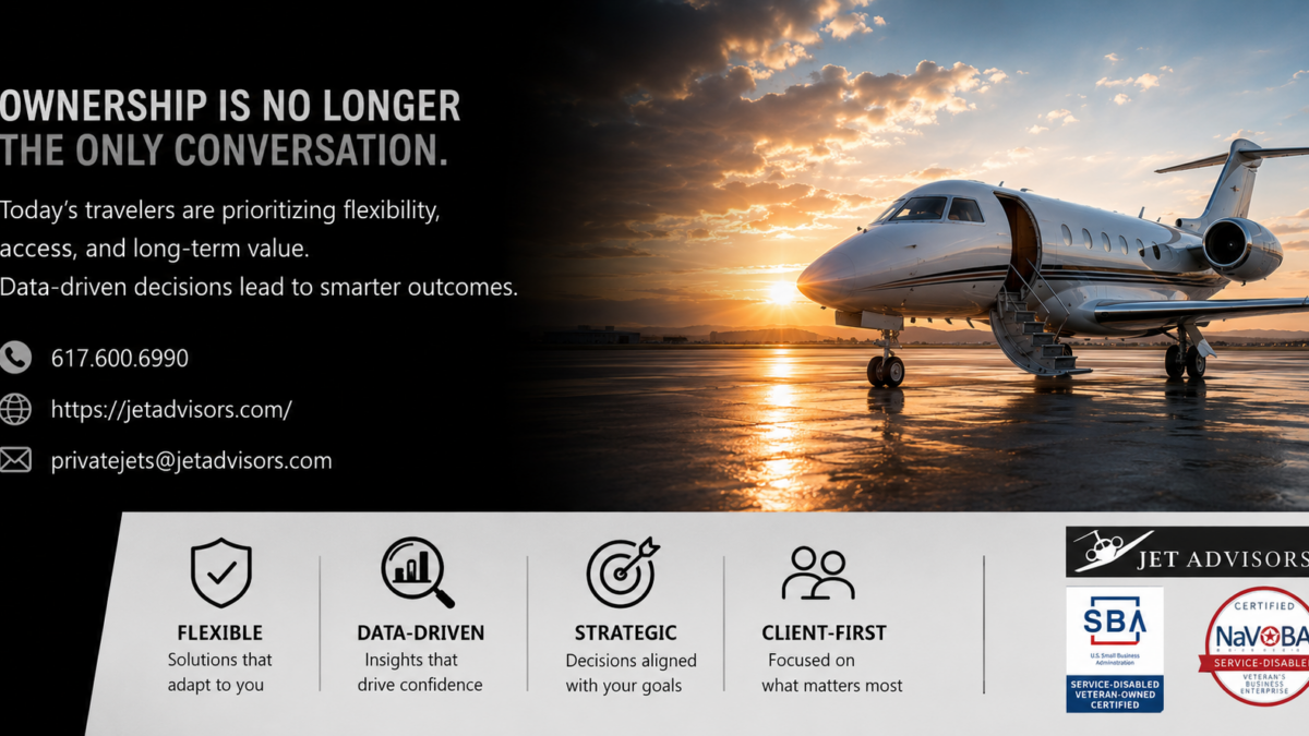 Jet Advisors private aviation banner featuring a luxury business jet, strategic aviation messaging, and veteran-owned certifications