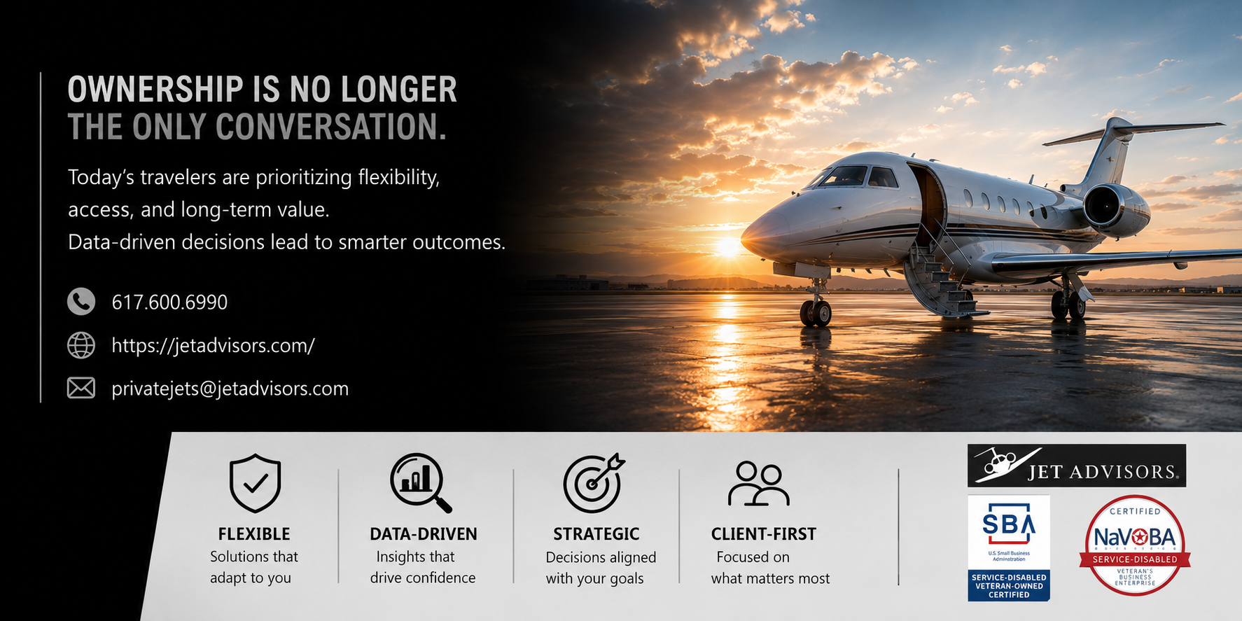 Jet Advisors private aviation banner featuring a luxury business jet, strategic aviation messaging, and veteran-owned certifications