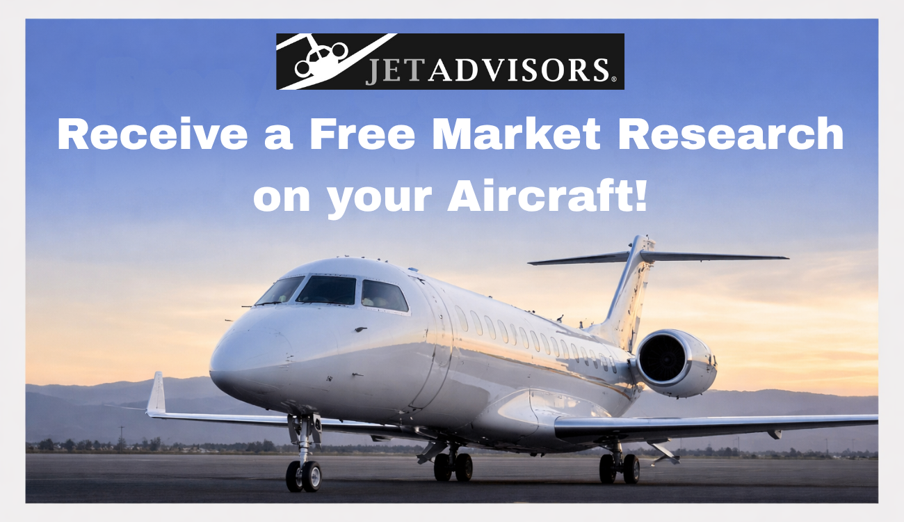 Jet Advisors free aircraft market research banner featuring a white private jet on the ramp at sunset