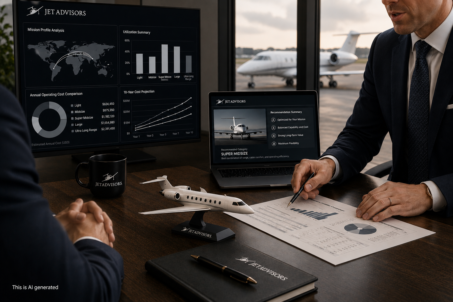 Jet Advisors reviewing aviation analytics and client mission profile data during a private aviation consultation