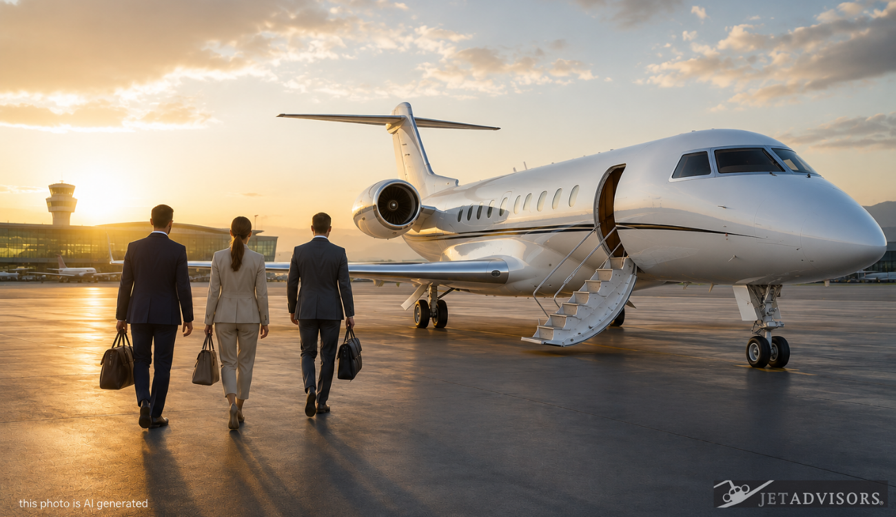 Business executives walking toward an all-white private jet on an airport ramp at sunrise representing flexibility and modern private aviation in 2026