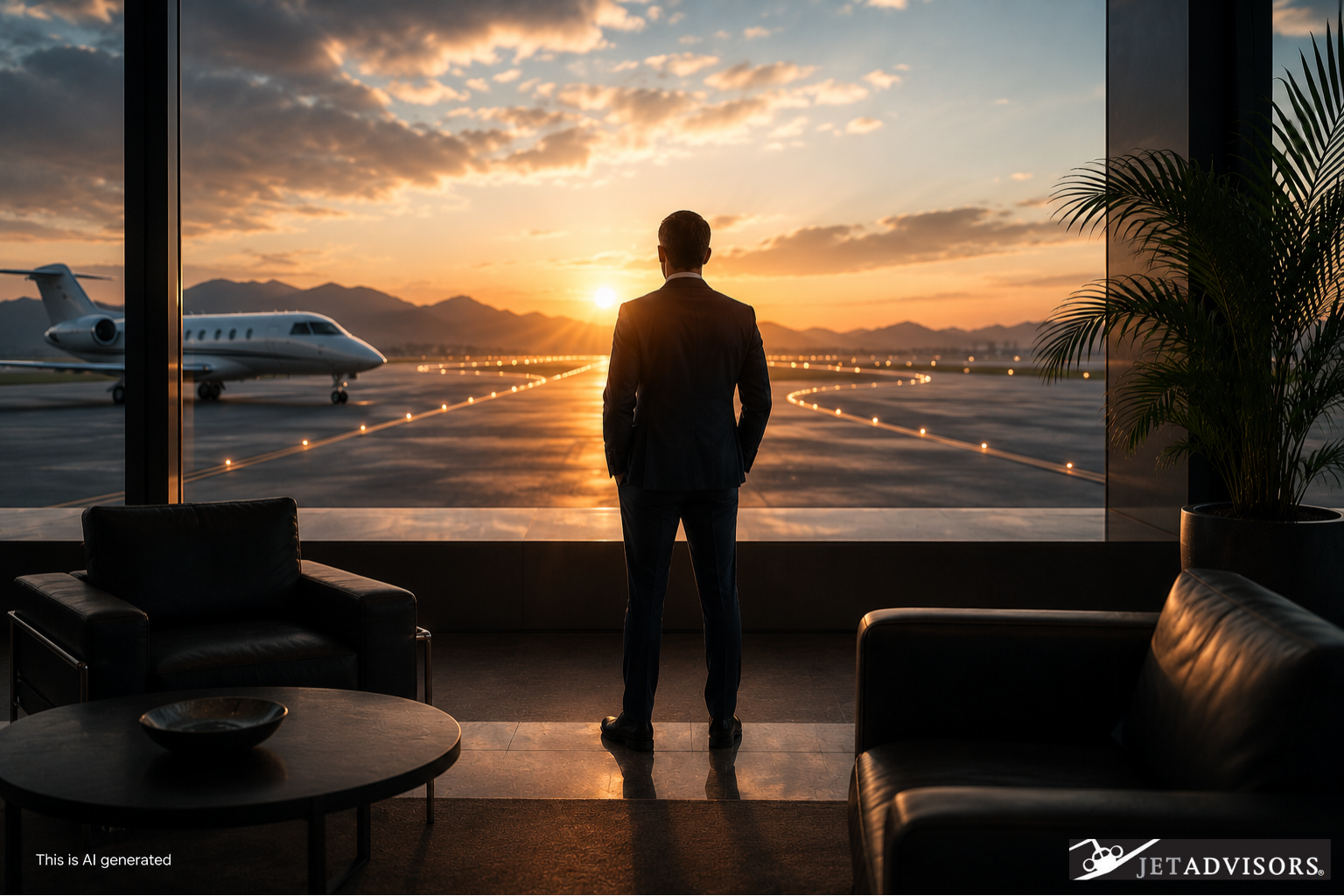 Business executive overlooking a private jet and illuminated runway at sunset representing the future of flexible private aviation decisions