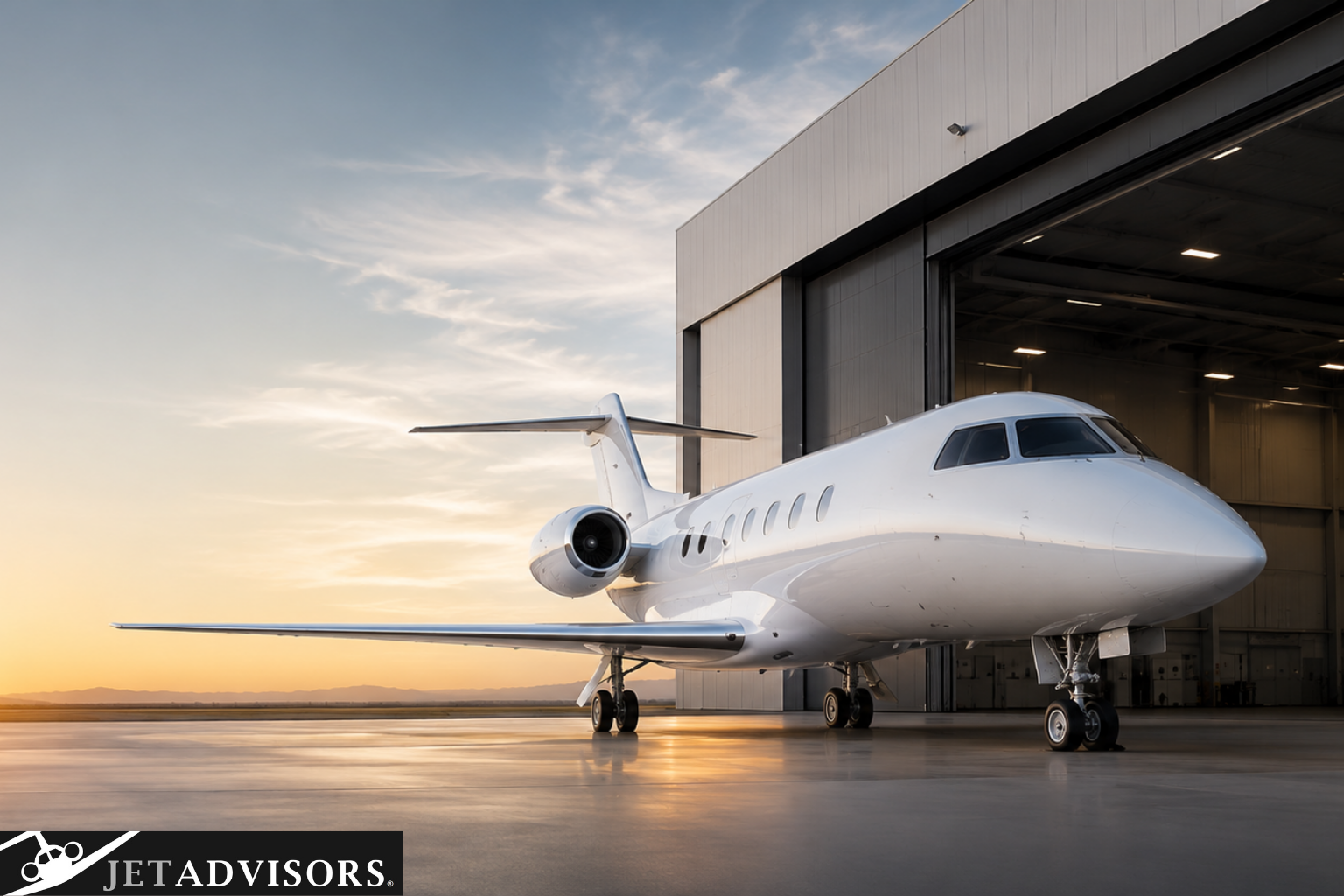 White super-midsize business jet parked outside a modern aircraft hangar at sunrise, representing the hidden costs of aircraft ownership and independent aviation consulting