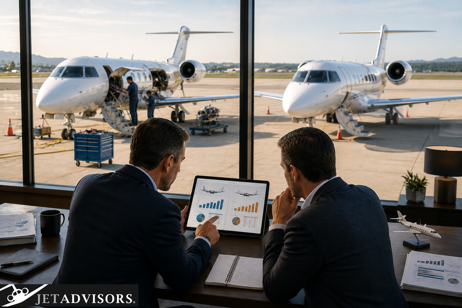 Aircraft buyer and aviation consultant reviewing aircraft comparison data on a tablet while overlooking two business jets undergoing evaluation and maintenance.