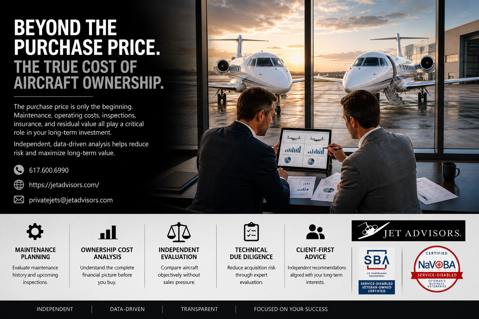 White super-midsize business jet parked outside a modern hangar at sunrise, representing the hidden costs of aircraft ownership and independent aircraft acquisition consulting.