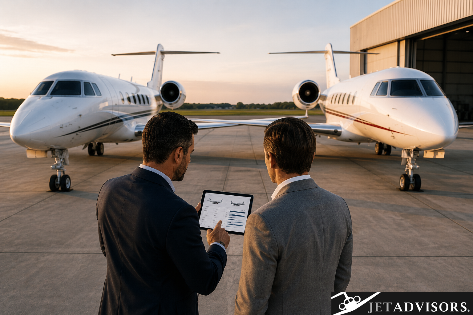 Aviation consultant and aircraft buyer comparing two business jets using a tablet during an independent aircraft evaluation.