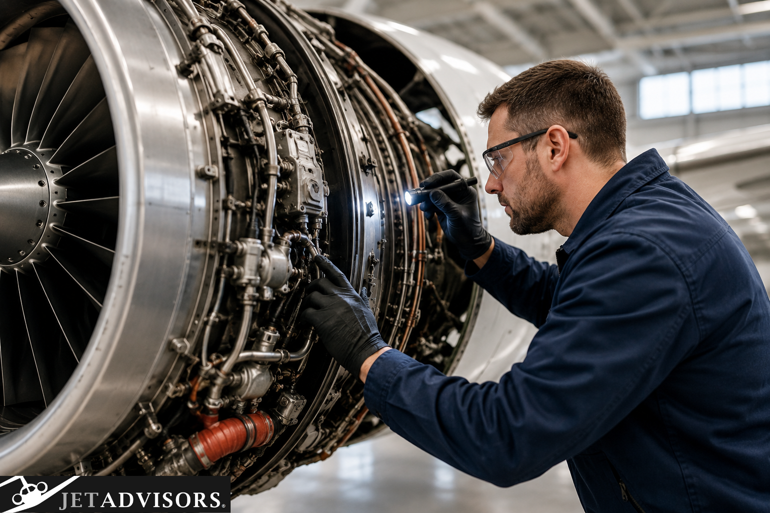 Aircraft technician performing a detailed inspection of a business jet engine inside a modern maintenance hangar.