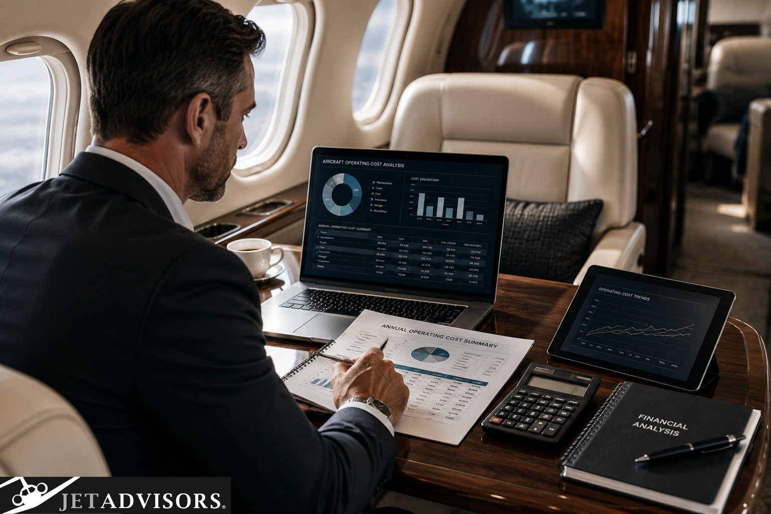Executive reviewing aircraft operating cost reports on a laptop inside a private jet cabin with financial documents, calculator, and tablet.