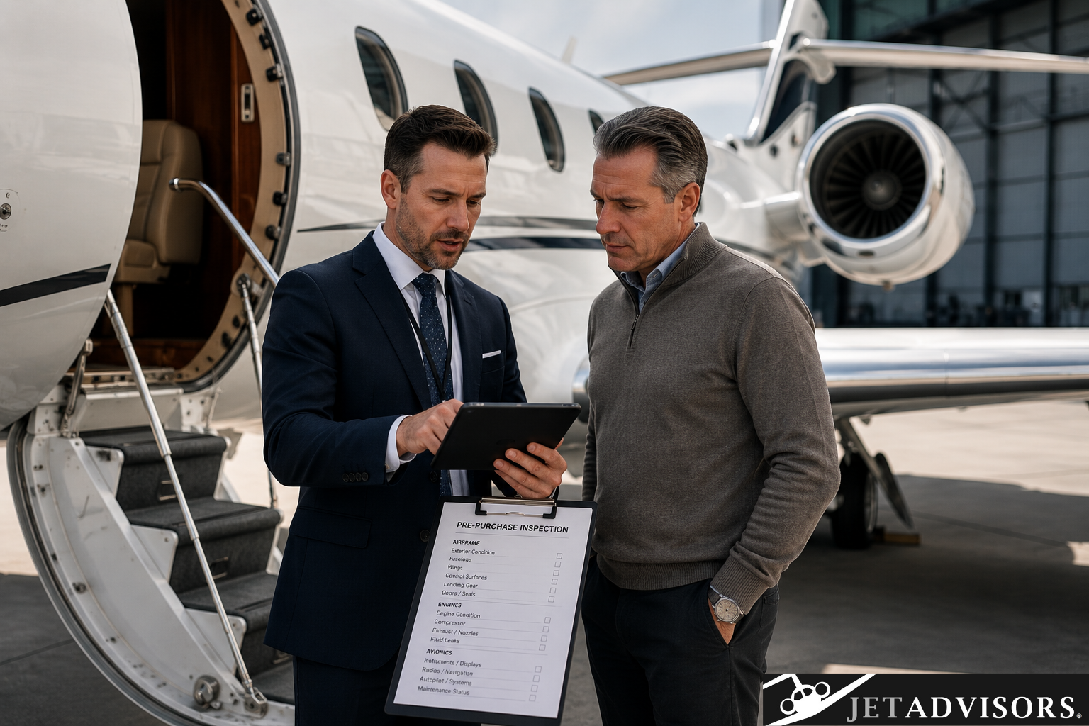 Aviation consultant and prospective buyer reviewing a business jet during a pre-purchase inspection with a tablet and inspection checklist.
