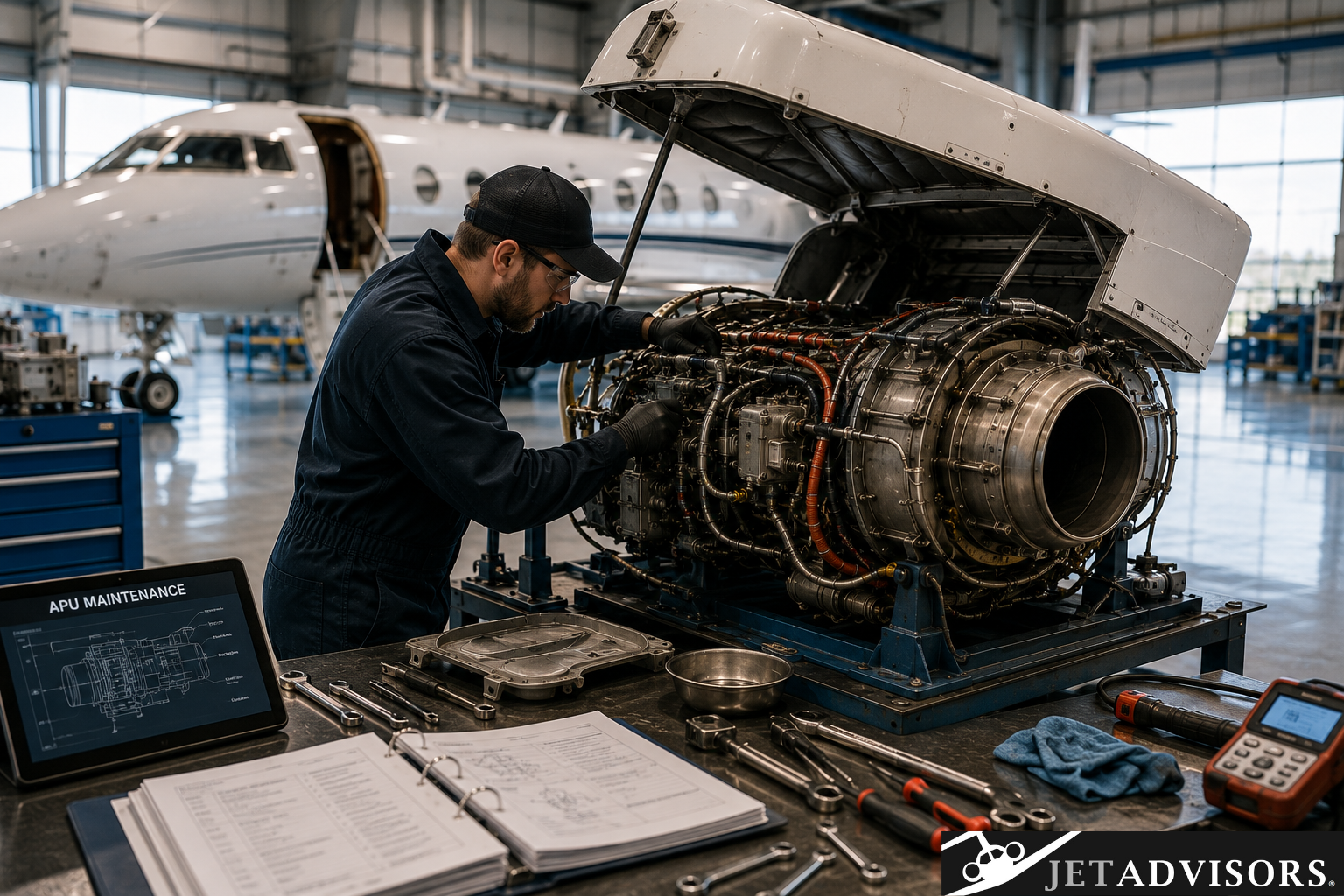 Aircraft technician performing maintenance on an auxiliary power unit (APU) inside a modern hangar with a business jet in the background.