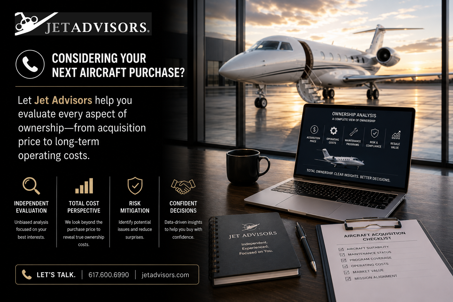Luxury business jet parked outside a modern executive hangar with an aircraft ownership analysis workstation, representing independent aircraft acquisition consulting.