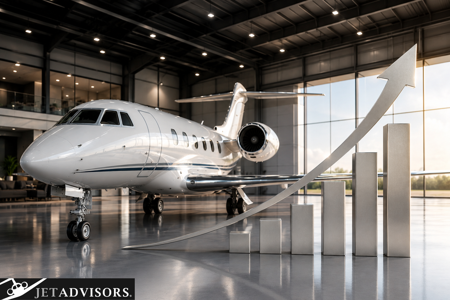 Modern business jet inside a premium aircraft hangar illustrating how maintenance programs help preserve aircraft value.