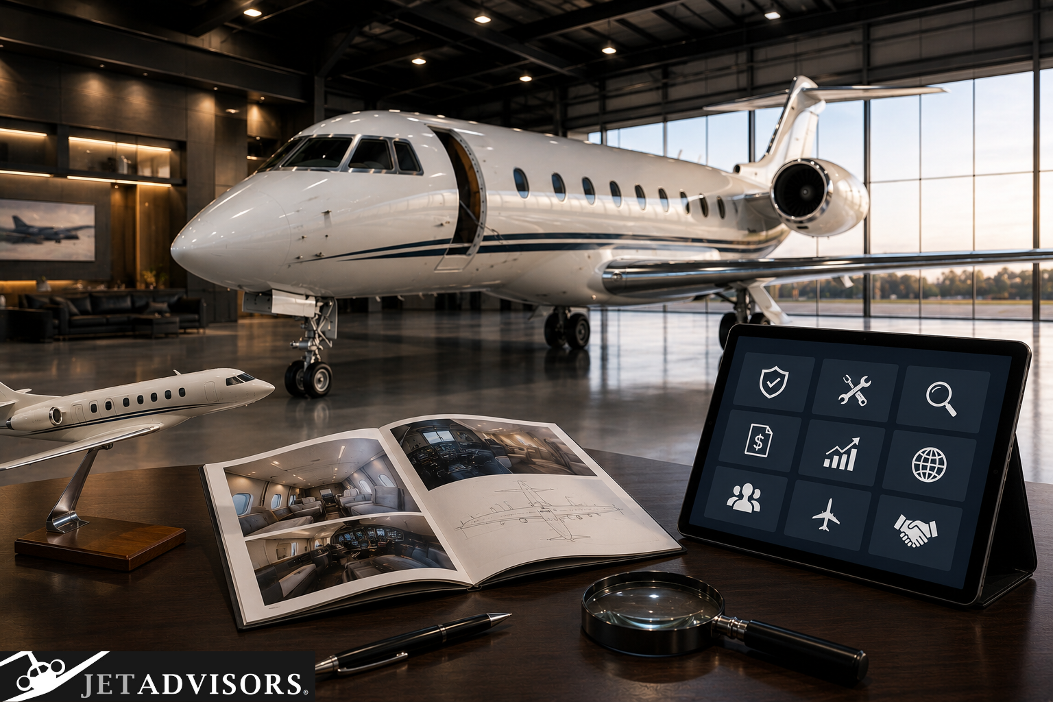 Business jet displayed inside a premium executive hangar with aircraft evaluation materials representing the key questions buyers should ask before purchasing.