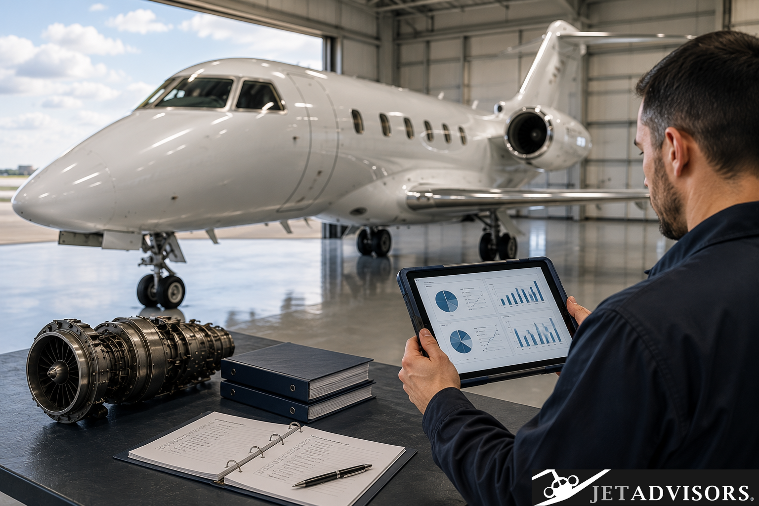 A technician reviews aircraft maintenance data on a tablet while a white business jet sits inside a modern hangar, representing proactive maintenance planning and long-term aircraft ownership.