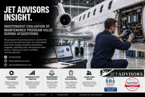 Aircraft maintenance technician inspecting an open avionics bay on a business jet inside a modern hangar, representing independent maintenance program evaluation during an aircraft acquisition.