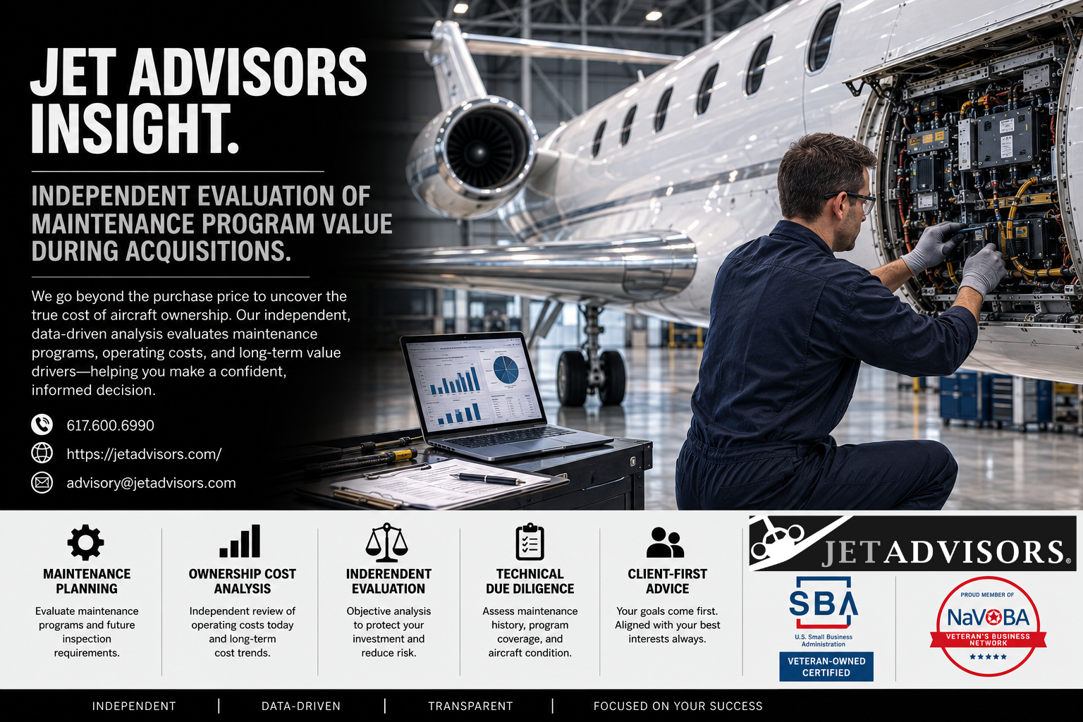 Aircraft maintenance technician inspecting an open avionics bay on a business jet inside a modern hangar, representing independent maintenance program evaluation during an aircraft acquisition.