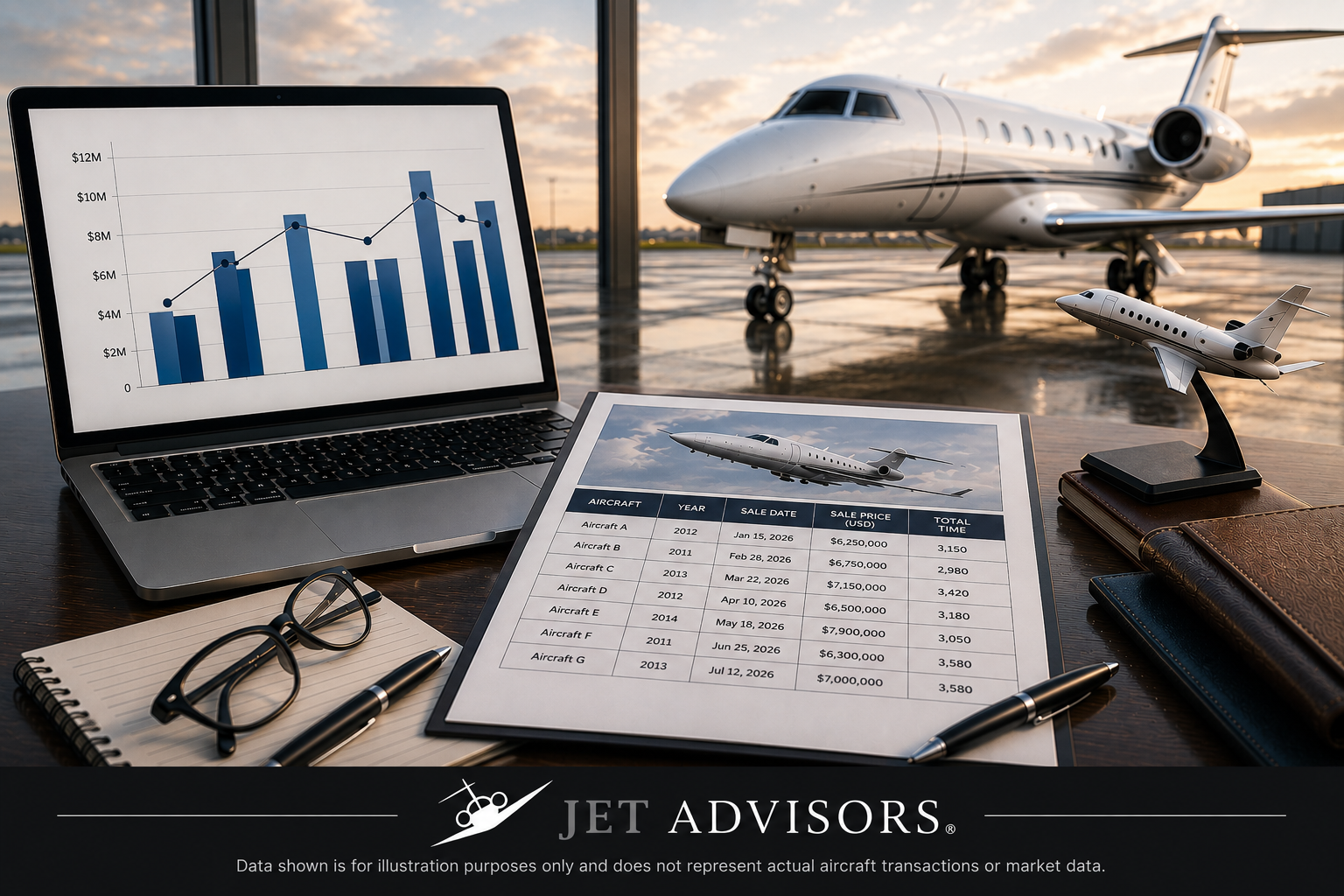 Aviation Fuel Cost Impact on Private Jet Operations Business jet with aircraft sales data and market charts illustrating comparable aircraft sales analysis by Jet Advisors.