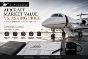 Business jet illustrating the difference between aircraft market value and asking price, including market data, maintenance, condition, configuration, and supply and demand.